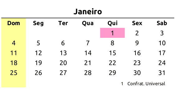 calendário 2026 janeiro feriados imprimir a4