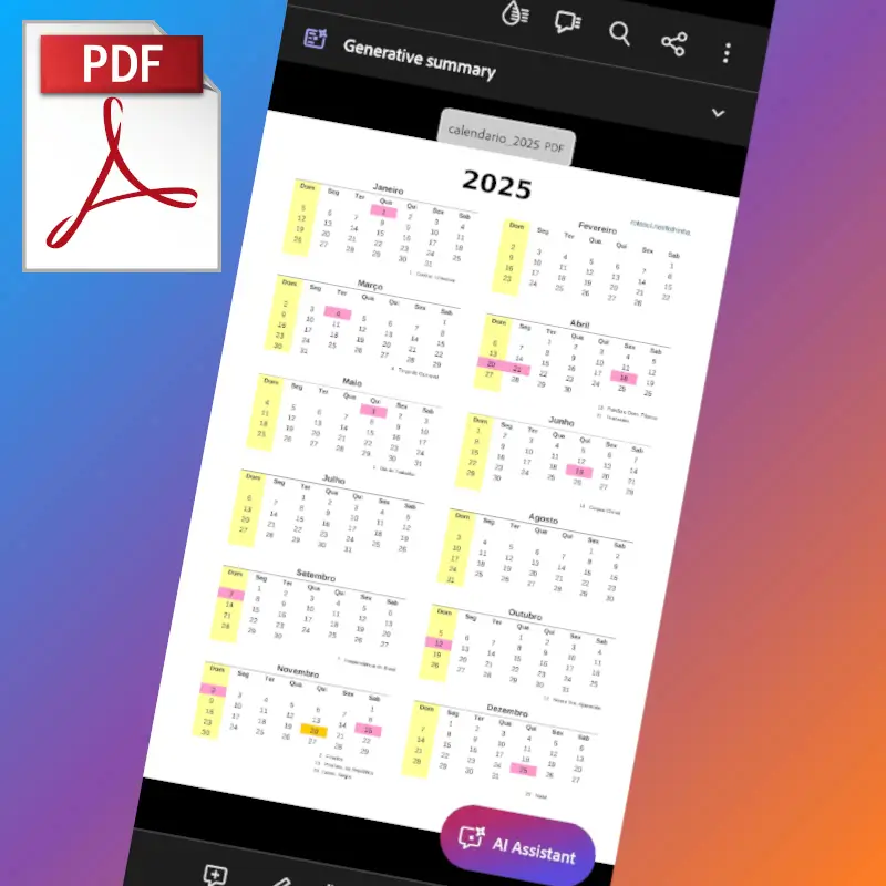 calendario 2025 anual com feriados para imprimir em folha A4 arquivo de impressão PDF